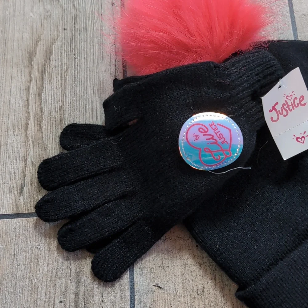 NWT Live Justice Kid's Matching Woven Winter Hat/Pom-Pom Beanie and Gloves